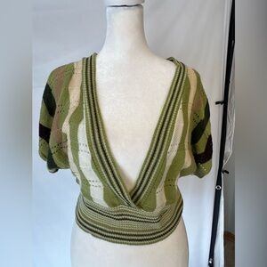 Charlotte Russe Green and Cream Knit Top, Deep V-Neck